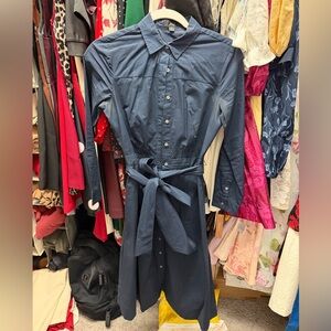 J.Crew women’s tie-waist shirt dress in navy blue cotton poplin size 0